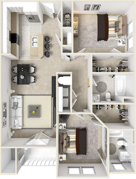 Floor plan for 2 beds, 2 baths, 1149 sqft